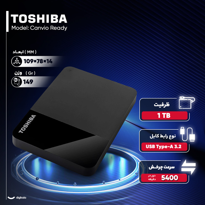 هارد اکسترنال توشیبا مدل Canvio Ready ظرفیت یک ترابایت دارای رابط USB Type-A 3.2